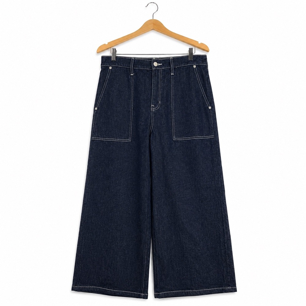 J.Crew Womens Wide Leg Crop Jeans Indigo Blue Contrast Stitch Patch Pocket 31